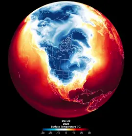This animation shows hourly surface air temperature across parts of North America for December 2022 and the first few days of January 2023. It was produced by combining satellite observations with temperatures calculated by a version of the Goddard Earth Observing System (GEOS) global model, which uses mathematical equations to represent physical processes in the atmosphere. Credit: Joshua Stevens/NASA Earth Observatory #maps #gis #datavisualization #climate #weather #polarvortex #blizzard #heatwave #NASA 