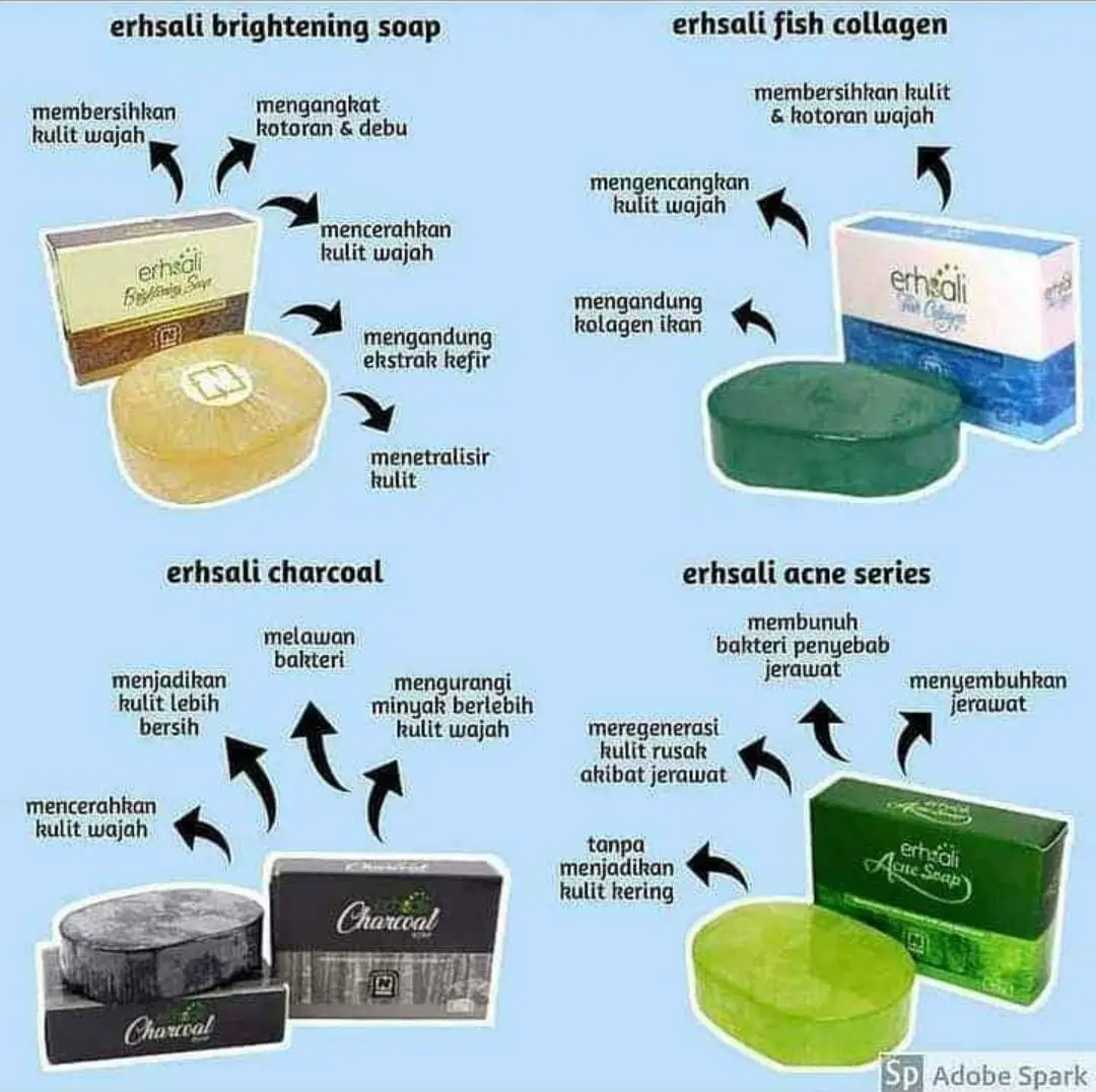 ERSHALI SOAP NASA👀 Ershali sabun kecantikan yang siap memanjakan kulit kamuu 😍 ✓ FISH COLLAGEN 💙 untuk yang mempunyai masalah kerutan di wajah, cocok nih pake ini agar kulit kencang jadi kelihatan tampil lebih muda ✓ ERSHALI BRIGHTENING SOAP 💛 untuk yang mempunyai kulit kusam, bisa banget pake yang varian ini agar kulit lebih bersih dan cerah. ✓ ERSHALI CHARCOL SOAP 🖤 untuk kamuuu yang mempunyai masalah Flek hitam atau berminyak diwajah cocok nih pake ini. ✓ ERSHALI ANTI ACNE FACIAL SOAP 💚 Daan yang mempunyai permasalahan jeriwit dan bekas jeriwit, yuk hempaskan pakai ini. Rekomendasi untuk kamu, dengan harga terjangkau ga bikin kantong bolong😆 Yuk pilih sesuai kebutuhan kamu yaaa🥰😘