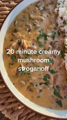 20 MINUTE CREAMY MUSHROOM STROGANOFF! FULL RECIPE BELOW 👇 #fyi #fyip #fyipage #foodforyou #creamymushroomstroganoff #veganstroganoff #viralfood #viralfoodtrend #20minutemeals  ⁣ Ingredients 🌱⁣ 🍄 Drizzle of olive oil  🍄 300g mushrooms- thinly sliced ⁣ 🍄 1 red onion- finely diced ⁣ ⁣ 🍄 2 cloves garlic - crushed  🍄 1 tsp Dijon mustard ⁣ 🍄 1 tsp paprika ⁣ 🍄 Handful coriander  🍄 1 veggie stock cube (mixed with 2 tbsp boiling water)⁣ 🍄 1 tin coconut milk 🍄 200g rice  ⁣ Method 🌱⁣ 🍄 Over a medium heat, fry mushrooms, onion, garlic, paprika, coriander and Dijon mustard for 6-7 mushrooms until brown.  🍄 Then add coconut milk and veggie stock cube and simmer until thick. 🍄 Serve over rice, pasta or noodles!  Tip* Add in some sliced up plant based chicken or beef style pieces of your choice to increase protein and bulk it up!