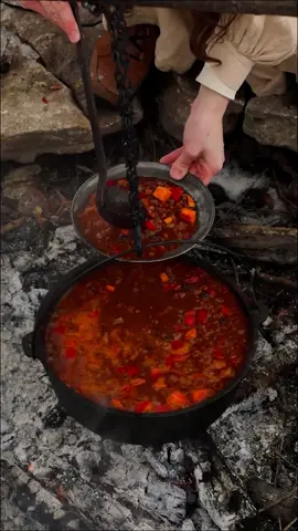 Campfire Cowboy Chili 🌶️ 🔥🪵 Nothing like cooking over an open flame while the snow falls gently down around us. This chili is perfectly flavored and little spicy, just the the way we like it! 😋 INGREDIENTS 4 tbsp salted butter or 4 tbsp olive oil 1 large yellow onion, diced 3 stalks celery, chopped 2 red bell peppers, diced 1 jalapeno, seeds and veins removed and minced 4 cloves garlic, minced 2 lbs ground beef 90/10 1 large sweet potato, peeled and diced into 1/2-inch chunks 1 tbsp chili powder 1 tbsp unsweetened cocoa powder 1 tbsp cornmeal 1 tbsp brown sugar 2 tsp smoked paprika 2 tsp ground cumin 2 tsp garlic powder 1 tsp onion powder 1 tsp oregano 1 tsp kosher salt 1 tsp pepper 1 6 ounce can tomato paste 1 tbsp Worcestershire sauce 2 28 ounce cans crushed tomatoes 1 15 ounce can chili beans, drained 1 15 ounce can spicy chili beans 2 15 ounce cans black beans, drained 12 ounce light beer Shredded cheddar cheese, for serving FULL RECIPE on our blog - link in bio! 🔥 #campfirecooking #outdoorcooking #prairiecore #cottagecore #1800s #slowliving #rustic #farm #fyp #cooktok #historybounding #cottagedress #littlehouseontheprairie #annewithane 