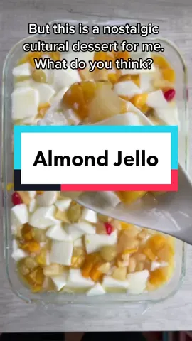 Happy Lunar New Year! My family loves almond jello, and it pops up at pretty much any gathering with Cantonese friends. Do you make yours with the packet or from scratch? If you want to try this version, here’s the steps: Dissolve 4 packs Knox gelatin in 8 tbsp of water. Meanwhile bring 3 cups water and 1.5 cups sugar to a boil. Take off the heat and stir in gelatin, 4 cups milk, and 1.5 tsp almond extract. Pour in 9x13 pan, cover, and refrigerate overnight. The next day, cut into cubes and add two 12 oz cans of fruit cocktail. #almondjello #almondjelly #almondfloat #cantoneserecipes #cantonesefood #chinesedessertrecipes #chinesedesserts #asianfoodblogger 