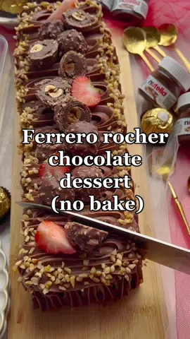 Today’s kitchen: Ferrero rocher dessert (no bake) - Super easy 3 ingredient dessert! | 💛 CREAM 500 gr mascarpone 450 gr nutella FILLING 24 chocolate cookies GARNISH 30 gr hazelnuts (chopped hazelnuts) strawberries Ferrero Rocher Combine the mascarpone and Nutella in a bowl. Mix until smooth. Take a cookie and spread some of the mixture on it. Place another cookie on top. Repeat the process until all the cookies are used. Evenly spread the remaining mixture on top of the cookies and smooth it out. Squeeze some of the mixture along the sides of the cake. Hold the piping bag over the cake and decorate it with the mixture. Decorate the sides with chopped hazelnuts. Place the cake, covered, in the refrigerator to set overnight. Garnish with strawberry pieces and Ferrero Rocher before serving. Good luck and enjoy! Full recipe: www.kookmutsjes.com #kookmutsjes #chocolate #taart #nobake #dessert #yummy #alhamdulillah #delicious #yummy #foryoupage #fyp #food #foodtiktok 