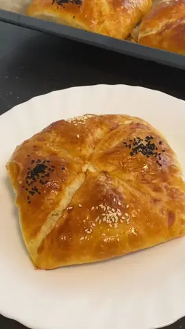 Hayırlı günler Tarif Zarf börek malzemeleri: 1 Su bardagi su 1 Su bardagi süt 1 Cay bardagi sivi yag 1 Paket instant maya 1 Yemek kasigi toz seker 1 Tatli kasigi tuz 5.5 Su bardagi un(kontrollü ekleyelim) Ara katlari icin 120gr tereyag Yarim cay bardagi sivi yag ic harci icin:lor peyniri ve maydonoz 2 yumurta sarisi,bir yemek kasigi süt Cörek otu,susam Yumusak ele yapismayan bir hamur yoguruyoruz ve mayalanmaya birakiyoruz mayalanan hamuru 12 esit bezelete bölüyoruz ve on dakika dinlendirip ilk bezeden baslayarak aciyoruz eritip sivi yag ekledigimiz yagimiz ile yagliyoruz ve actigimiz ikinci ekmegi üzerine ekliyoruz videodaki gibi ekmeklerin kenarlarini ortaya dogru kapatip yagliyoruz ve tekrat üst tataftan ice dogru kapatiyoruz tekrar alt kenardan ic tarafa kapatiyoruz ve kare yapiyoruz orta kismina maydonoslu peynirden ekliyoruzve her köseyi icine dogru kapatiyoruz ve iyiyice bastiriyoruzki cok acilma olmasin videodaki gibi sekil verip yagli kagit koydugumuz firin tepsisine aliyoruz bütün islem bittikten sonra yarim saat tepsi mayasi veriyoruz mayalanan börekleri yumurta sürüp susam cörek otu serptikten sonra önceden isitilmis190 derece alt üst ayarda kizarana kadar pisiriyoruz Yapıp deneyecek olanlara afiyet şifa olsun🥰 #zarfpoğaça #zarfböreği  #yummyfood #tlktok  #poğça #lezzetli #lezzet #börek #börektarifleri 