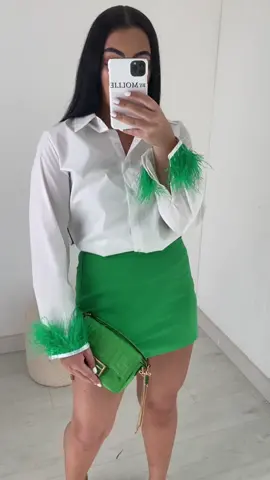 The Feather Cuff Sleeve Shirt. Available in green, black and pink. #bymollie #feathershirt #outfit #fashion #fendi 