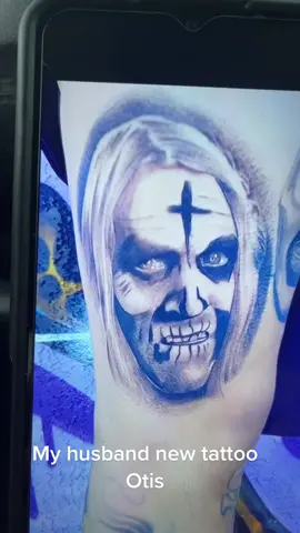 My husband new tattoo, #horroreveryday #robzombie #otisdriftwood #houseof1000corpses #GetCrackin #viral #fyp #tattoos #collector #bigcollector 