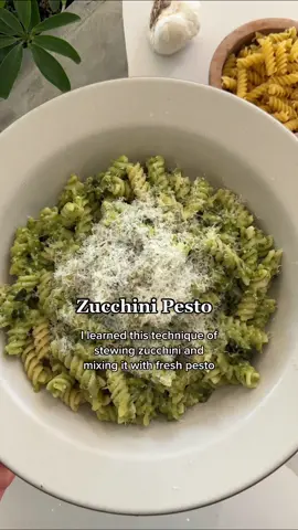 Zucchini Pesto✨ . For the Zucchini:▪️3 Zucchini, diced▪️1/2 tsp Kosher Salt▪️5 Garlic Cloves, minced▪️1 Cup Water▪️ . For the Pesto:▪️2 Cups Fresh Basil, leaves only▪️2 Tbsp Pine Nuts▪️2 Garlic Cloves ▪️1/2 Cup Olive Oil▪️1/2 Lemon, Juice▪️1/2 tsp Kosher Salt▪️1/2 Cup Grated Parmesan▪️ . ▪️1 lb. Rotini Pasta (or whatever your favorite is)▪️Parmesan Cheese, for serving▪️Pine Nuts, for serving (optional)▪️ . 🌱Vegan Modification: Sub in nutritional yeast for parmesan . 1️⃣ Sauté the garlic, zucchini and salt in a small pot for 3-4 minutes until edges are golden brown; add the water and bring to a boil; cover and simmer on low heat for 20 minutes 2️⃣ Remove lid and then cook 5-7 mins on medium heat stirring occasionally until liquid evaporates and zucchini is jammy - taste and add more salt if needed; set aside 3️⃣ Combine basil leaves, pine nuts, garlic, olive oil, parmesan, lemon and salt in a blender or food processor 4️⃣ Cook pasta according to your liking and mix it with the pesto and zucchini; serve with parm on top and enjoy! Option to sprinkle some pine nuts on top as well for texture . ⏲15 minute prep time + 40 minute cook time . #homecook #cooking #cookingtiktok #pastalover #italianfoodlover #pastatiktok #pasta #recipes #recipesforyou #EasyRecipe #bestcook #dinner #eatgoodfood 