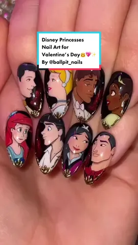Disney Princesses Nail Art for Valentine’s Day 👸💖✨ Created by @ballpit_nails 🤯😍 #apresgelx #apresnail #gelx #Apres #nails #fyp #foryou #nailextensions #nailtutorials #nailvideos #diynails #nailapplication #apresgelcouleur