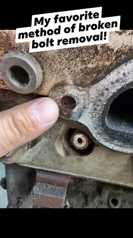 Here's my favorite method of broken bolt removal.  Clean the area, sometimes you can weld a nut directly to the stud, sometimes the stud is broken off to deep. If that's the case, weld a washer to the stud, then weld a nut to the washer and remove the stud! The washer gets you closer to the broken bolt for a better chance of the weld taking. This was the 2nd removal attempt btw Tickety Boo!!! #brokenbolt #brokenboltremoval #brokenboltextraction #lsproblems