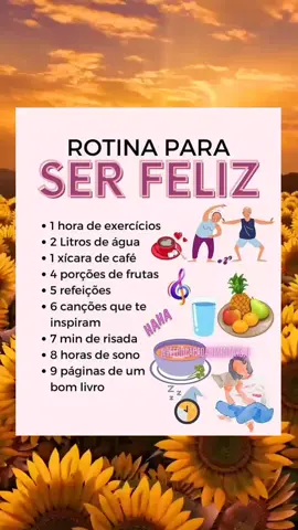Rotina feliz e saudável envolve exercícios físicos, hidratação, alimentação balanceada, momentos de pausa e prazer, música inspiradora, sono de qualidade e aprendizado constante. #rotina #rotinadiaria #produtividade #Fitness #saúde #bemestar #motivação 