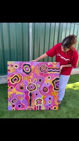 A close up of this beautiful painting 😍  This piece is titled “Colours in the Summertime” hand painted by us 💛 #fyp #foryou #aboriginal #aboriginalart #artwork #indigenousart #art #dotpainting #adelaide 