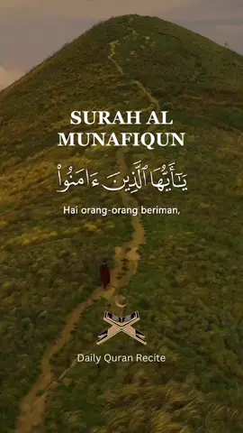 Surat Al Munafiqun Ayat 9 - 10 📚Tafsir Al Muyassar 9). Wahai orang-orang yang membenarkan Allah dan RasulNya serta melaksanakan syariatNya, janganlah kalian disibukkan oleh harta dan anak-anak kalian dari ibadah dan ketaatan kepada Allah. Barangsiapa disibukkan oleh harta dan anaknya dari itu, maka mereka adalah orang-orang yang merugi, gagal meraih kemuliaan dan rahmat dari Allah. 10). Infakkanlah (wahai orang-orang yang beriman) kepada Allah dan RasulNya, sebagian dari apa yang Kami berikan kepada kalian di jalan-jalan kebaikan dengan bersegera sebelum salah seorang di antara kalian dijemput oleh kematian, melihat tanda-tanda dan alamat-alamatnya, lalu dia menyesal dan berkata, “Wahai Tuhanku, berikanlah aku kesempatan, tundalah kematianku barang beberapa saat, akau akan menyedekahkan hartaku dan aku akan menjadi orang-orang shalih yang bertakwa.” #quran #recite #murottal #tadabburquran #seo #fyp #healing 