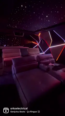 Cinema room with full acoustic fabric, intergrated led fabric profiles made and cut on site to design, digital led lighting software, laser projector and 14 speakers. Control4/lutron. This room was completed by us and the AV, picture and sound was completed by the boys @cinemasandcontroluk  Message us for enquiries for cinema installation or purchase our products #led #ledflex #ledlighting #cinemaroom #ledighting #starceiling #acousticfabric #cinema #star #homereno #hometok 