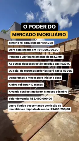 Estamos construindo essa casa de 320m2 através do financiamento de aquisição de terreno e construção da CAIXA. Este estudo de viabilidade considera que a casa será vendida em 6 meses após a obra. Para a demanda deste condomínio, isso é um estudo conservador. Se for vendida antes, o lucro é maior! O valor da obra contempla material, mão de obra e gerenciamento da obra. - Outras despesas:  PRÉ-OBRA (4 meses): levantamento topográfico, projetos, imagens renderizadas, taxas da CAIXA, condomínio, aprovação de projeto na prefeitura, ITBI e registro do contrato de financiamento. AO LONGO DA OBRA (12 meses): condomínio, vistorias CAIXA, INSS, Habite-se, averbação e juros de obra. PÓS OBRA(6 meses): condomínio e prestações do financiamento. Pelo fato de a casa ser vendida na Pessoa Física, o imposto é 15% sobre o ganho de capital. A comissão da imobiliária é 6% da receita, percentual aplicado em Porto Alegre. E aí, construir uma casa financiada para vender é ou não é um bom negócio? #construirparavender #construçãofinanciada #engenharia #arquitetura #condominiofechado #mercadoimobiliario #fy #fyp 