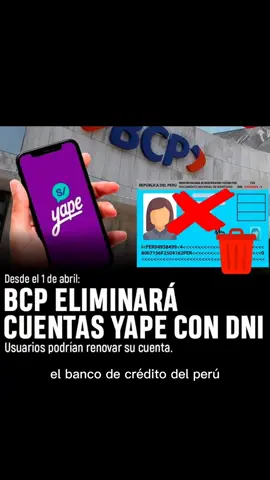 #BCP 👉 ¡ATENCIÓN! 😱😨😰 El Banco de Crédito del Perú (BCP) anunció la eliminación de Yape con cuentas DNI a partir del sábado 1 de abril. A través de un correo electrónico y otros canales de comunicación, como Whatsapp, la billetera digital dio a conocer a los usuarios esta noticia.  El aplicativo sugirió a sus usuarios actualizar su cuenta con una de ahorros afiliada al BCP. En caso el usuario yapero no desee realizar la renovación, podrá desafiliar su cuenta sin problema alguno. #yape #cuentasyape #DNI #noticiastiktok #Importante 