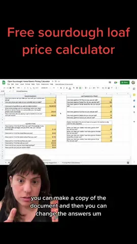 Replying to @amy_burk_ since I couldn’t explain I made a free google sheets sourdough pricing calculator available to anyone! Just make a copy and add your answers to get a starting point. #greenscreenvideo #sourdoughbread #pricing #pricingproducts #sourdoughtok #sourdoughbreadbaking #cottagebakery #cottagebusiness #cottagebaker #popups #popupshop #bakingbusiness #sourdough 