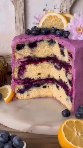 Blueberry lemon cake 🫐🍋 Super moist lemon cake with bursting fresh blueberries, filled with blueberry jam and frosted with blueberry lemon cream cheese frosting 💜 #blueberrycake #blueberrylemoncake #lemoncake #blueberrylemon #blueberryjam #creamcheesefrosting #springbaking #lemondessert #blueberrydessert 