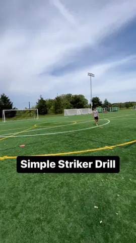 Here is a simple striker drill — pass in behind to finish. Details below👇🏼 Simply start off at the top of the box, make a run horizontal and have a pass played in behind for a first time finish on goal. Do 6 reps x4 sets each side of the field. Save this post for training ✅ #striker #footballtrainingdrills #soccertips 