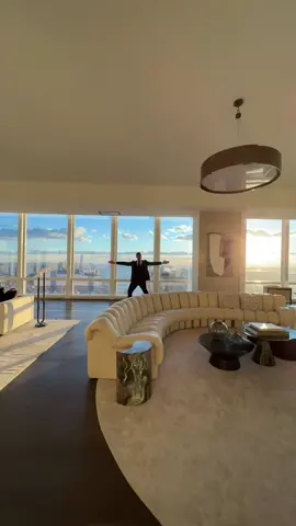 100 foot long living room in a $50,000,000 NYC Penthouse at golden hour. Tag a bunch of friends you’d move in with #nyc #newyork #newyorkcity #realestate #luxury #luxuryhomes #architecture #design 