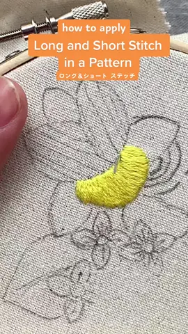 Take your needle, thread it through, long and short stitch is easy-peasy✨ Here’s how I do long and short stitch on a curve pattern.             #embroidery #embroiderytips #diycraft #beginner #handmadewithlove #handmade #learnsomethingnew #刺繍#howto #howtoembroidery  #belajaronline #sulam #sewing#embroiderytutorial #tutorial #fyp 