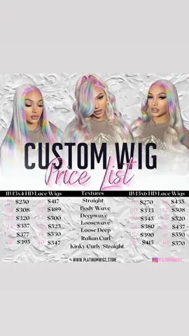 This is my official price list for custom units !♥️🎨 🛍️: https://www.platinumwigs.store/product-page/custom-wig Keep in mind this is the full price for anything you would like done to your wig ,no extra fee will be added. First time customers can use code “NEW” At the checkout for 15$ OFF ! 🏷️ This is only HD Lace and 13x4 & 13x6 frontal . If you would like anything different like 613 or Transparent lace text 850-601-8890 to start a order !  Custom wig comes with…… •Bleached Knots  •Custom Color🎨 •Custom Style •Plucking  If you’re interested in a wig that’s not customized here is the link : https://www.platinumwigs.store/product-page/uncustomized-virgin-hair-wigs #thatgirl #foryoupage 
