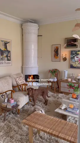 Welcome to my apartment in Sweden. This is where we spend Saturday mornings eating homemade scones, enjoy fresh flowers from the local florist and snuggle up by the fire 💛 #apartmentdecor #cozyhome #vintagedecor #myhyggehome #hyggehome #fireplace #apartmentdecor #scandinavianstyle #interior #foryoupage #foryou 