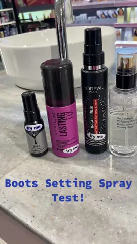 Whats your favourite setting spray?! 💖#settingspray #settingspraytest #boots #bbsboots #bootsbeautyhall #kvd #benefit #maybeitsmaybelline #lorealparis #esteelauder #porefessional #fyp #beautytiktok 