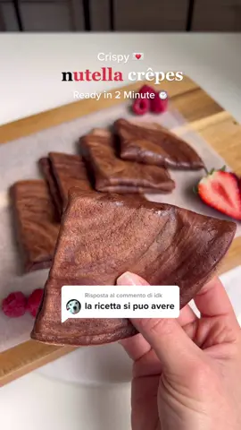 Risposta a @idk Follow me on IG giorgiapaino 💌 for more recipes   Seguimi su IG @giorgiapaino ✨ INGREDIENTI per 4 crêpes 55gr farina 00 5gr cacao amaro 125ml latte vegetale 1 uovo Ripieno: Nutella o crema proteica alla nocciola  Prepara le crêpes unendo un uovo con la farina ed il cacao, pian piano aggiungi il latte e mescola energicamente per eliminare i grumi. Cuoci le crêpes in padella, farciscile con nutella o crema proteica alla nocciola, richiudile come in video e ripassale in padella con una noce di burro. 🇬🇧 INGREDIENTS for 4 crêpes 55gr plain flour 5gr cacao powder 125ml vegetable milk 1 egg Filling: Nutella or hazelnut protein cream Combine the egg with flour and cocoa powder and add slowly the milk, whisk consistently to get rid of the lumps. Cook each crêpe in a non stick pan. Now add the topping and fold the crêpes as in the video. Cook them again in the pan with a knob of butter till golden brown. #nutella #crêpesnutella #crêpes 