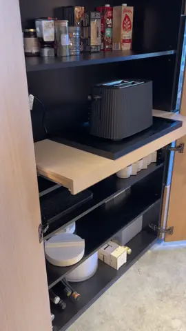 Hide kitchen appliances with Blum’s pull-out shelf lock.  Locks securely when in use for extra bench space, before sliding away gently to hide behind the sleek cabinetry.  Filmed in the beautiful Christopher Elliott Design studio in Richmond, Victoria. #blumaustralia #kitchenremodel #kitchendesign #kitchen #interiordesign #kitchenrenovation #kitcheninspo #kitchengoals #interiordesign #pantry #pantryorganization #hiddenappliances 