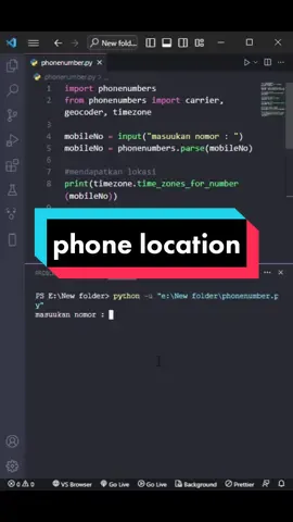 mengetahui lokasi menggunakan nomor telepon berbasis Python #AQUAUVAirPower #python #metoosmile #KelayaBubblePop #coding #programming #fypシ 