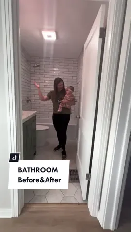 Major transformations!! 👀 What’s your favorite feature?  Hard to tell this is even the same space.. removing the huge closet and changing the swing of the door almost doubled the size of this bathroom!! 🤩 #series #diyproject #DIY #fixerupper #flip #fliphouse #howto #beforeandafter #Home #remodel #homeimprovement #bathroom #transformation #renovation #oldhouse #reno #journey #pregnant🤰 #after #fyp 