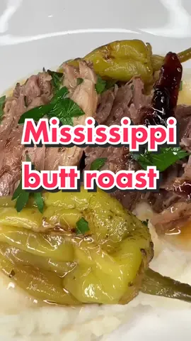Crockpot Mississippi, Boston, butt roast!  All you have to do is add to the crockpot:  Boston butt roast seasoned with garlic powder salt & pepper  Packet of au jus gravy  Packet of hidden valley ranch seasoning  And top with 6 tbsp if butter! Dont mix it! Then add pepperoncinis from a jar and add about 2-3 tbsp of the juice its in! At least 6 hours at low! ##crockpotrecipes##mississippiroast