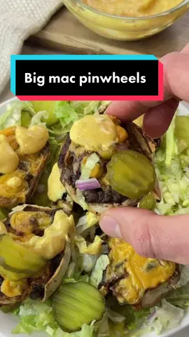 Big Mac Pinwheels 🍔  How to make them: Spread some ground beef on a low carb tortilla & top with salt, pepper, cheese & onions. Roll it as tightly as you can without ripping the shell too bad.  Slice into 2 inch thick wheels & air fry @ 400F for 10-15 minutes.  Mac Sauce Recipe: 3/4 cup mayonnaise  1 tbsp mustard  2 tbsp chopped dill pickles 1 tbsp white vinegar  1 tbsp chopped onions 2 tsp sweetener  1/2 tsp smoked paprika This is a fun and easy low carb recipe that is super delicious and quick to throw together for dinner! 