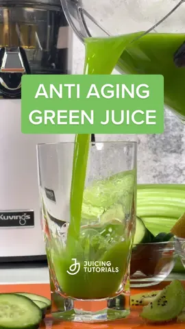 Try this juice to help improve your skin's appearance by reducing inflammation, protecting it from damage, and promoting collagen production. Ingredients 2 kiwi 5 stalks celery 2 cucumbers  Celery, cucumber, and kiwi are all great ingredients for anti-aging, and here are some of their specific benefits: Celery is rich in antioxidants, especially flavonoids and phenolic acids. These compounds can help protect your skin from damage caused by free radicals, which are a major contributor to aging. Celery also contains vitamin K, which can help reduce the appearance of dark circles and puffiness around the eyes. Cucumber is a great source of hydration, which can help keep your skin looking plump and youthful. It contains silica, which is a mineral that can help improve your skin's elasticity and firmness. Cucumber also has vitamin C, which can help boost collagen production and protect your skin from UV damage. Kiwi is packed with vitamin C, which is a powerful antioxidant that can help protect your skin from free radicals and boost collagen production. Kiwi is also a good source of vitamin E, which is another antioxidant that can help protect your skin from damage. Additionally, kiwi contains enzymes that can help exfoliate your skin and improve its texture. Incorporating them into your diet, whether through a juice or as part of a meal, can provide numerous anti-aging benefits. • • •  • #antiaging #skincare #greenjuice #juicingtutorials #juicingrecipes 