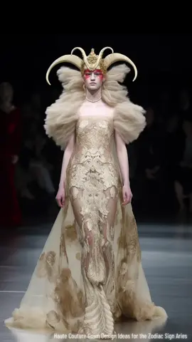 Haute couture fashion design and gown ideas for the Zodiac sign of Aries. These fantasies and ideas for formal gowns and costumes are inspired by couture designers Imane Ayissi, Dior,Galliano, Jean Paul Gaultier, Givenchy, McQueen, Prada, and Schiaparelli. The gown designs incorporate the Ram symbol for Aries.  Aries is from the Greek Kriós, Latin for 