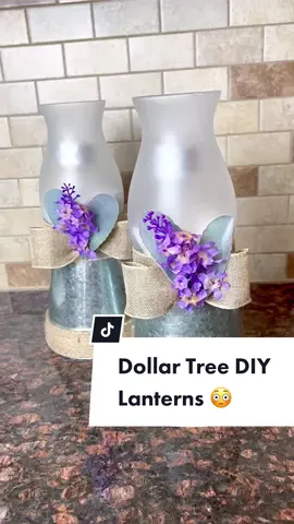 Dollar Tree DIY lantern. 🥰 Perfect for those wark summer nights.  Just make aure to keep it covered when it rains. 🥰  The solar light will need about 24 hours under the sun to charge.  Everything I used is from the DT. To  make one you will need:  • 1 galvanized planter  • one tapered glass vase  • 1 bag of white pebbles • 1 bunch of lavendar flowers • 1/2 roll or burlap ribbon   • 1 solar stake light • hot glue  • frosted spray paint (brand is @rustoleumbrands from @walmart )  Questions encouraged 🥰 #dollartreediy #dollartree #DIY #diyhomedecor #springdiy #summerdiy #diypatiodecor #diyporchdecor #diylantern 