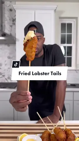 Beer battered Lobster Tails  INGREDIENTS  6-8 lobster tails  -Dry dredge:  1 cup flour 1/2 cup corn meal 1/4 cup corn starch  1 tsp all purpose seasoning  1/2 tsp cayenne 1 tsp smoked paprika  1/2 tsp Cajun seasoning 1/2 tsp lemon pepper  -Wet Batter:  1 cup flour 1/2 cup corn meal  1/4 cup corn starch  1 tsp all purpose seasoning  1/2 tsp cayenne 1 tsp smoked paprika  1/2 tsp Cajun seasoning 1/2 tsp lemon pepper 1 bottle cold beer (lager preferred) or ice cold soda water  -Remoulade:  mayonnaise Mustard Hot sauce  Lemon juice  Cajun seasoning  Lemons for garnish  Fresh chopped parsley for garnish Vegetable oil for frying  Skewers (optional)  Coat in dry dredge and let sit 20-30 minutes  Dunk in wet dredge and drop straight into fryer oil. Fry for 5-6 minutes at 350F until golden brown. #friedfish #lobstertail #seafood #onestopchop 
