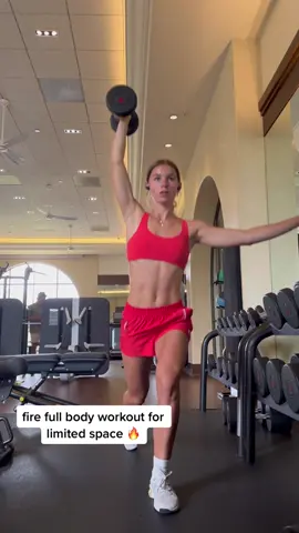full body dumbbell workout for limited space! 6 exercises to get you sweatyyy #fullbodyworkout #totalbodyworkout #dumbbellworkout #sixpackabs #fyp 