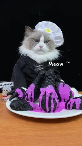 🐱🍳 Cooking with Puff: 🍗🖤 black fried chicken with 🌸🌸 pink sauce. 🤫 Secret ingredient: 🌑 ink. 😋 #cookingwithkitty #blackchicken #catsoftiktok 