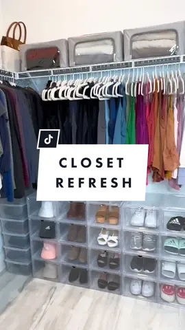 Cant believe I didnt know these wire shelves have hanger separators for each hanger! Now everything has a place. All containers are linked on my Amzn under “MY CLOSET” #closet  #asmr #closetorganization  