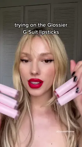these are the new G Suit lipsticks from @Glossier. I'm blown away by this formula, they're buttery in a demi-matte finish, the payoff is insane, and the colours are super electric too. I tried on Jet (which is now my fav red colour), Pilot (an intoxicating vibrant pink) and Shift (a beautiful red wine lipstick) AD #makeup #beauty #GlossierPartner