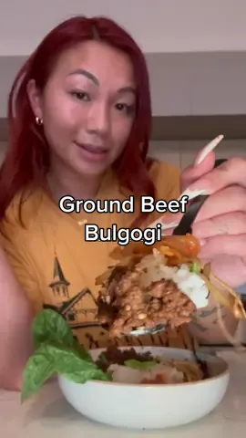 Simple not basic weeknight meal #bulgogi #groundbeef 1 package ground beef  1/4 onion  1/4 Asian pear (or apple, pear, kiwi) 4 cloves garlic 2 tbsp soy sauce  1 tbsp mirin (can sub w rice vinegar + 1 tsp sugar) 1 tbsp gochujang 1 tbsp brown sugar 1 tsp sesame seeds 1 tsp sesame oil 1 green onion  Blend all of your ingredients aside from the green onion and add to your ground beef. Chop your green onion and add in along with salt and pepper to taste. Mix just until combined. To a smoking hot wok, add in your meat and use your spatula to flatten out. Don’t be tempted to sauté! Allow to cook until the juices have evaporated and the bottom has become crispy. Don’t be alarmed by any burnt looking pieces, the sugar will caramelize and give you a similar Korean bbq flavor. Sauté with more green onions and sesame seeds to finish. Serve over rice or with lettuce for lettuce wraps and enjoy!