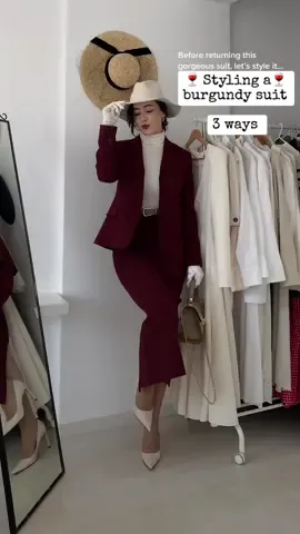 What do you think? Keep or return for this burgundy suit? 🍷 When in doubt, try styling the item in different ways and make sure you have at least 3-5 outfit combinations that you’ll rock. So tell me... which styling is your favorite... 1, 2 or 3?  Details: * outfit 1 turtleneck @mango  hat @reserved  shoes @zara  belt @tommyhilfiger  bag @annacori.official  tights @calzedonia  gloves @meli_melo_paris  * outfit 2 scarf @mango  tights @calzedonia  bag & gloves @meli_melo_paris  belt & shoes @zara  * outfit 3 blouse @oysho  bag @zara  sandals @mango  #stylingideas #vintagestyle #vintageaesthetic #vintageinspiredoutfit #outfitideas #retrostyle #retrofashion 