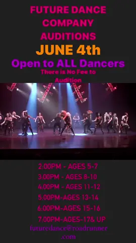JUNE 4th @futuredance__  COMPANY AUDITIONS NO FEE TO AUDITION  OPEN TO ALL DANCERS 2:00pm-Ages 5-7 3:00pm- Ages 8-10 4:00pm- Ages 11-12 5:00pm- Ages 13-14 6:00pm- Ages 15-16 7:00pm- Ages 17&up For more information email us futuredance@roadrunner.com Or call (716)649-5905 #futurefam