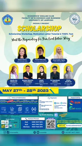 Scholarshop 2023 is ready to launch!! 🌟 Oh, hi!! Are you scholarship hunter? Searching for you dream scholarship to help you broaden your knowledge? We are ready to help you! 😆 Economics' English Club FEB Unila proudly present: EEC's Scholarshop and TOEFL Test 2023 with the theme 