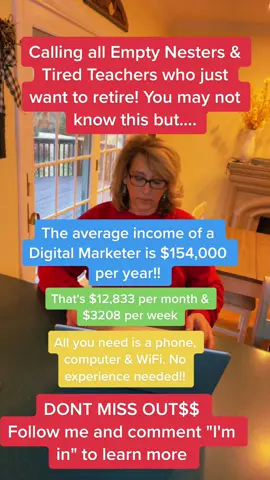 Digital Marketing is a $17 Billion industry and growing every day!  Imagine what your life could look like at the end of summer. Imagine what the holiday's could feel like without the financial stress.  I'm Kris and I'm a kindergarten teacher. I came across someone on tiktok doing this exact thing. I was super skeptical but did some research and decided to give it a try. I took a 15 day course and got my business up and running - which runs AUTOMATED 24/7. I made a 4 figure commission within 4 weeks which proved to me that it works!! I am making a 2nd stream of income while I teach by only working 1-2 hours a day.  I recently became an empty nester and my 2 daughters live 1200 miles away. I want to be able to visit them whenener i want without stressing over the cost of an airline ticket. I an also working to build my retirement so that I can retire early!   The only difference between you and I is that I got started. Change doesn't happen overnight, but it won't  happen it all if you don't start!! I can help you get started!!#tiredteachers #emptynesters #timeforchange #affiliatemarketingforbeginners2023🥰 #howtomakemoneyonline 