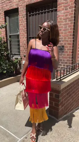 As promised, the fringe dress in all her glory🌈 #OOTD #summerdress #fringe #fringedress #OOTD #ootn #dinner #dinnerfit #grwm #newyorkcity #nyc #nycvlog #colorful #rainbow #birkin30 #blackgirl #blackgirlstyle #akira #shopakira 