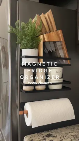 MAGNETIC FRIDGE ORGANIZER from Amazon. Great for small kitchens and not enough counter space. #amazoninfluencer #amazonassociate #amazonkitchenfinds #amazonhomefinds #amazonkitchenfavorites #amazonhomefavorites #spicerack #fridgeorganizer #papertowelholder #papertowelholderhack 