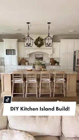 DIY wooden kitchen island! My husband built this entire island himself! I showed him a photo of my “vision” and he brought my vision to life! We chose to do an all wooden island because we wanted a warm and timeless kitchen with an organic modern feel.❤️ What do y’all think of it?! I love the combination of wood and white! #kitchenisland #kitchenupgrade #diykitchenisland #homeremodel #diyhomeimprovement #homerenovations #budgetrenovations #kitchenreno #diyhomerenovation #kitchenrenovation 