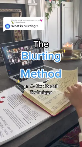 Replying to @★ ʙᴇʀʀʏꜱᴊᴇᴡᴇʟʟᴇʀʏ💓🦜 The Blurting Method is an amazing study technique that trains your brain into retain more information, by forcing it to extract what it already knows by “blurting” it out onto the page 🧠 By doing this, we flip learning on it’s head, and are able to notice and fill gaps in our knowledge when we compare what we just wrote down to our notes. Is it correct? What’s missing? What can I add more detail to?  By doing this regularly, especially when combined with Spaced Repetition, we will retain lots more information, and pass all of our exams! 📚 #studytok #studytip #studywithme #exams #gcses2023 #blurtingmethod #studystream #studytipsguru 