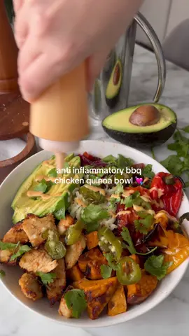 anti inflammatory bbq chicken quinoa bowl to help me heal post surgery 💘 #endometriosis #ovariancysts #antiinflammatory #EasyRecipe  BBQ Chicken Quinoa Bowl Serves 2 Ingredients Veggies 5-6 mini bell peppers 2 cups cherry tomatoes 1 red onion, sliced 2 jalapeños 1 tbsp olive oil 2 tsp salt 2 tsp paprika 1 tsp chili powder 1 tsp cumin black pepper Chicken 2 chicken breasts, cubed Salt & pepper 1 cup plain Greek yogurt 1/4 tsp chili flakes 2 tsp paprika 2 tsp chili powder 2 tsp cumin 1 tsp cayenne 1 tsp garlic powder 1 tsp onion powder 2 limes, juiced 1 tbsp honey Creamy BBQ Sauce 1/2 cup Greek yogurt or sour cream 1/2 cup bbq sauce 1 tsp chili powder Toppings: 1 cup quinoa, roasted sweet potatoes, 1/2 cup aged cheddar (divided), 1 handful cilantro, black pepper, 1 avocado, thinly sliced